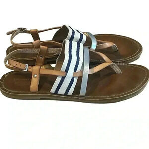 Mossimo cream and navy striped canvas w/ silver & tan straps sandals size 8